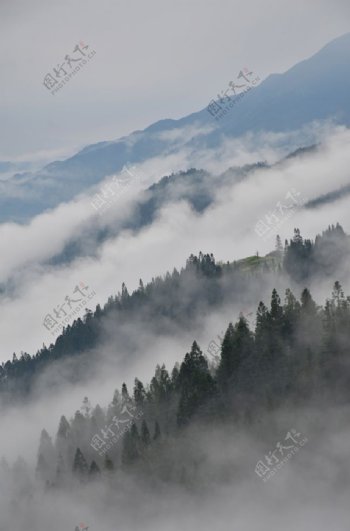 云雾缭绕山脉间自然风光