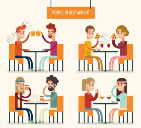 创意餐厅用餐的人物矢量图