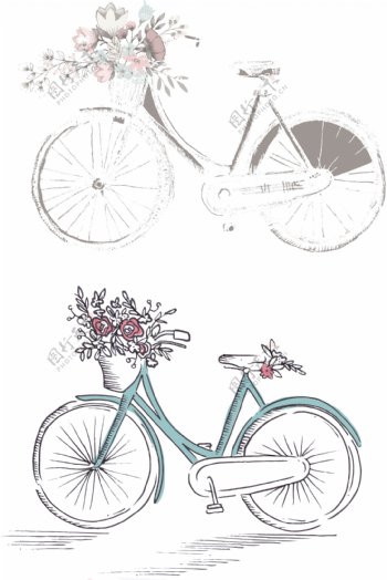 复古手绘鲜花单车结婚自行车素材