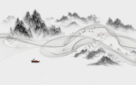 新中式山水画抽象烟雾水墨日式