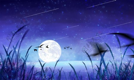 月亮夜晚湖面蓝色插画素材