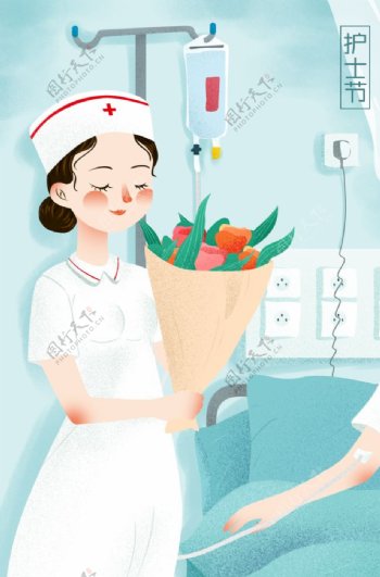 护士节人物鲜花插画卡通背景素材