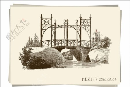欧式庭院拱桥素描画