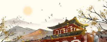 城墙建筑国风插画卡通背景素材