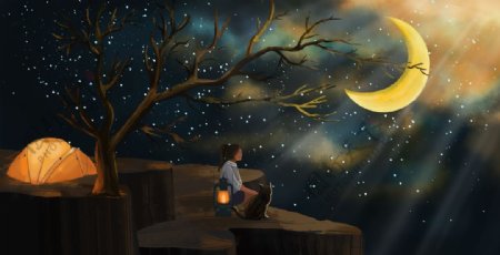 月亮夜晚人物女孩插画背景素材