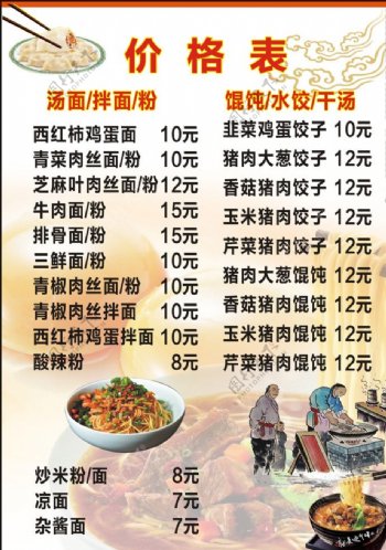 面食价格表