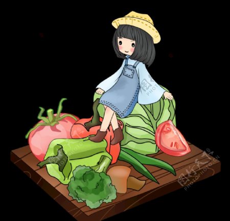 手绘蔬菜女孩插画