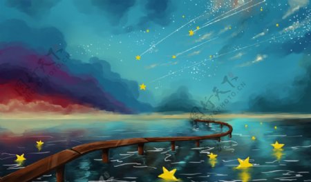 海洋星空插画卡通背景素材图片
