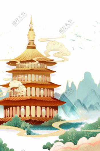 中国风绘画建筑塔图片