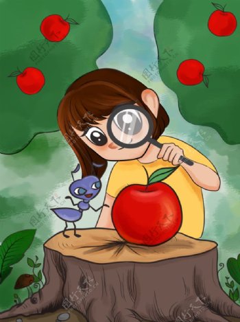 女孩和苹果插画图片
