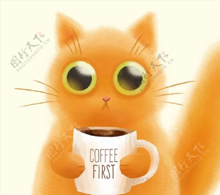 可爱抱咖啡的猫图片