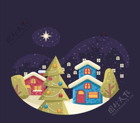 圣诞夜房屋和树木图片