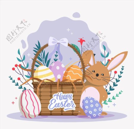 复活节彩蛋篮子和兔子图片