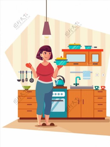 厨房里端锅的女子图片