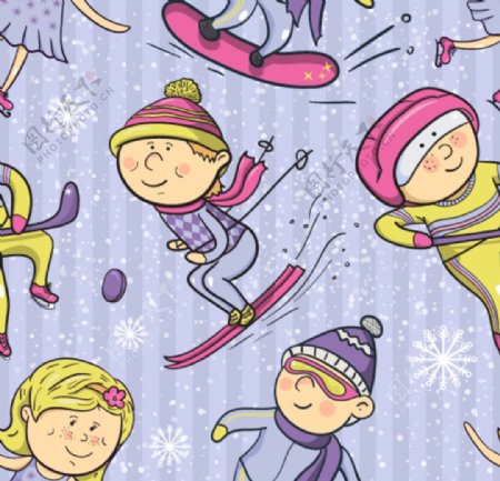 滑雪儿童无缝印花背景素材图片