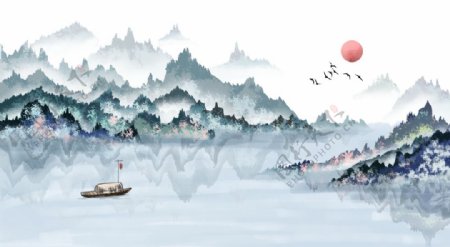 山水传统复古插画背景海报素材图片
