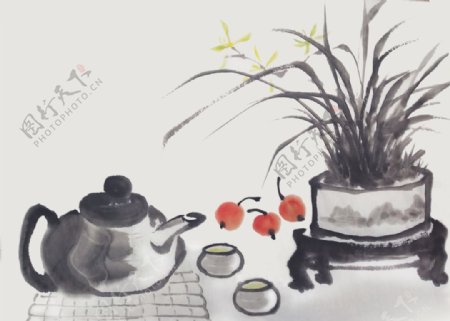 茶壶水墨水彩复古背景海报素材图片