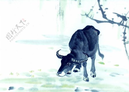 牛水墨复古传统背景素材图片